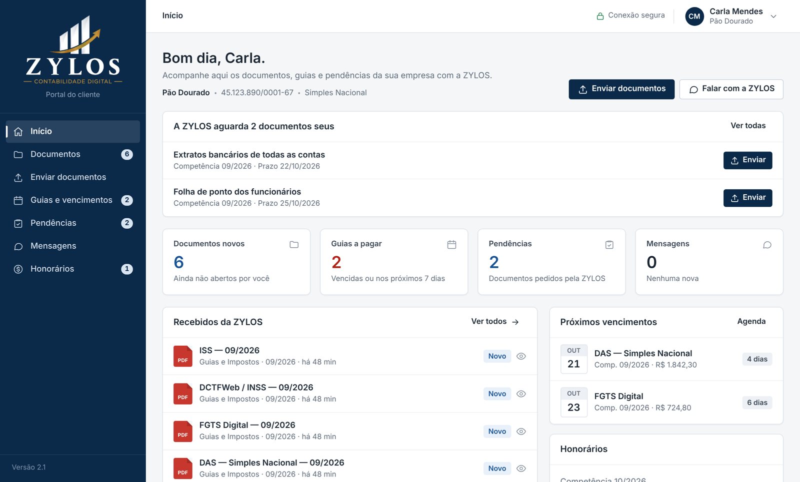 Tela inicial do Portal do Cliente ZYLOS com documentos, guias a pagar e pendências